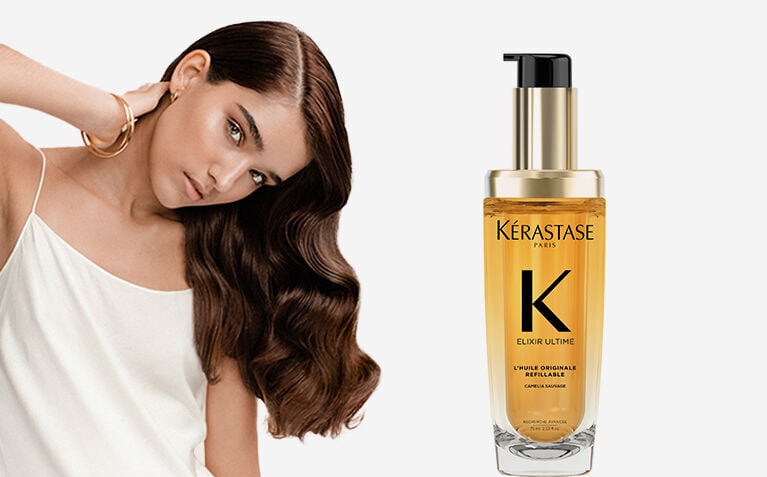 Kerastase Elixir Ultime model with nourishing hair care products