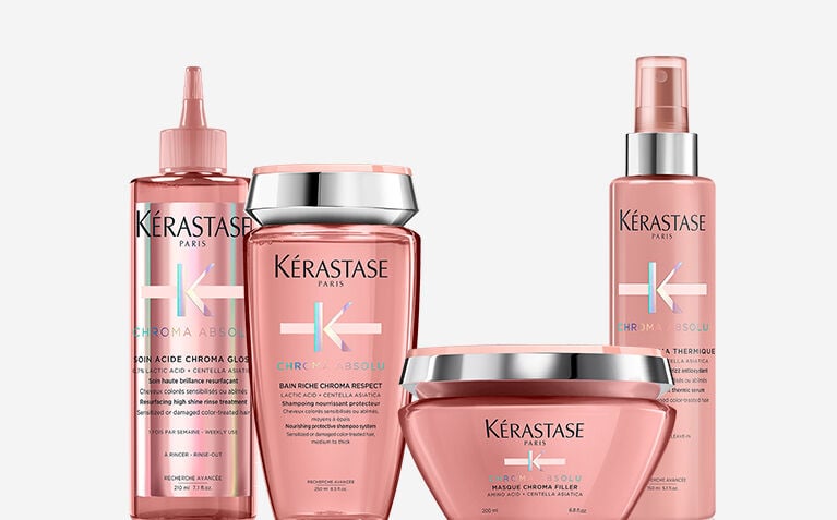 Kerastase Chroma Absolu model with products for color-treated hair