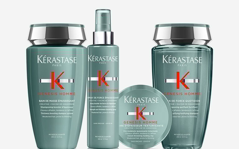 Kerastase Genesis homme male model with dual anti-fall action hair care product.
