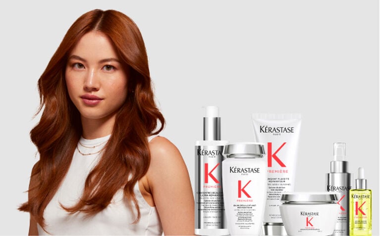 Kerastase Premiere model with products for damaged hair
