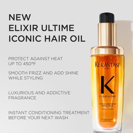  Kérastase Nutritive, Discipline and Resistance Thermiques are displayed on a simple grey platform around a pure grey background.