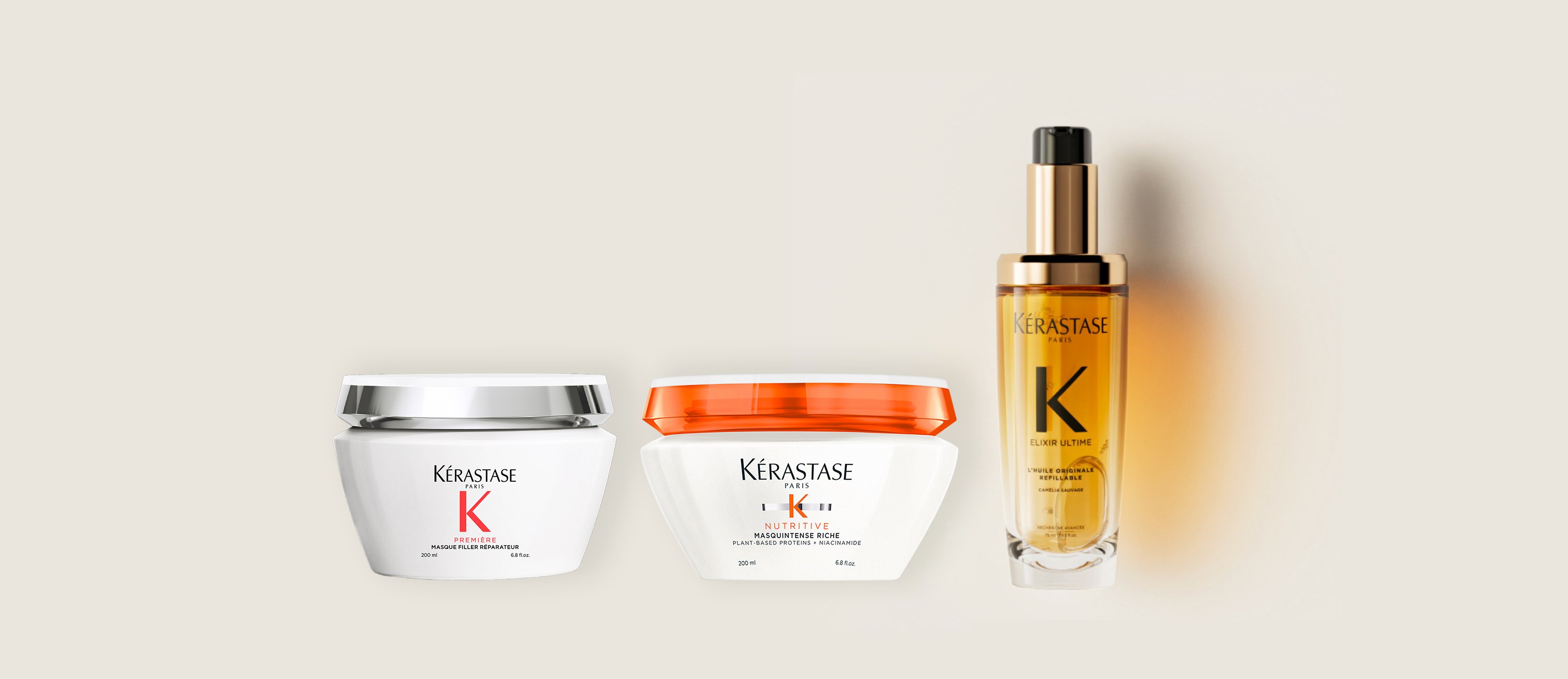 The Elixir Ultime hair mask and the new refillable Elixir Ultime hair oil are display on a pure beige background.